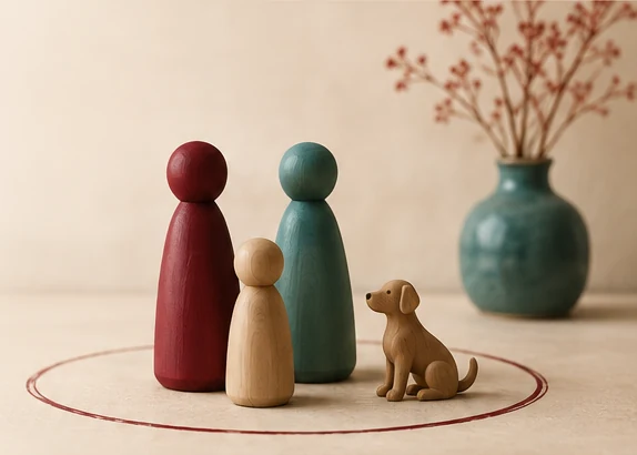 Drei Holzfiguren und ein Hund stehen gemeinsam in einem Kreis